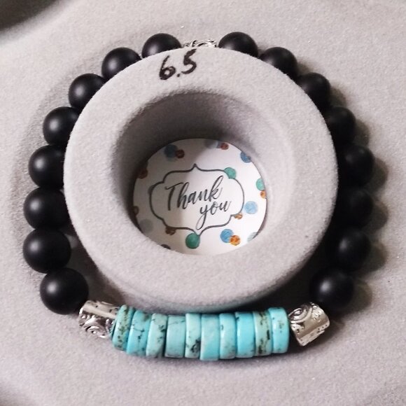 Minimalist! Turquoise Howlite Heishi Beads + Black Stone Beads! Coastal Cowgirl - Picture 6 of 9